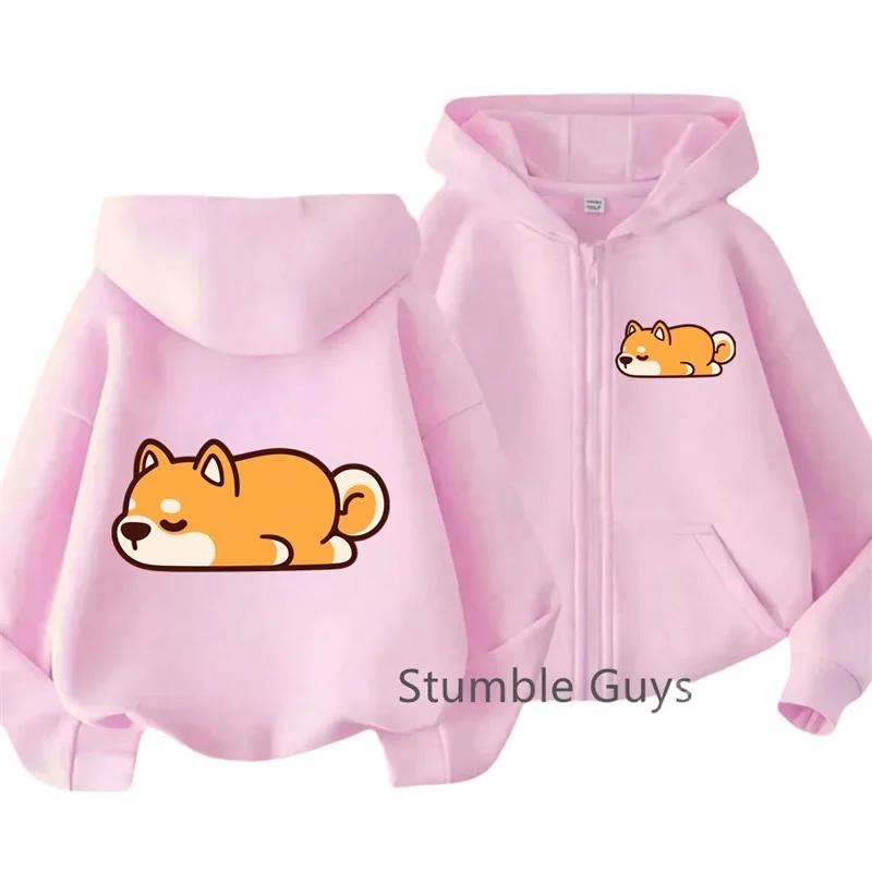 Sleeping Shiba Inu Front Back Print Zip Up Hoodie Kids Long Sleeve Lightweight Autumn Casual Cartoon Animal Children Outerwear