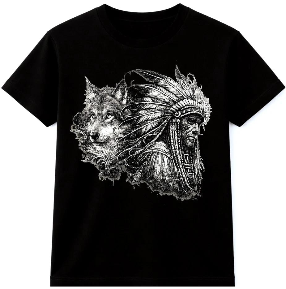 Wolf Feather Headdress T Shirt Tribal Warrior Chief Graphic Tee Wildlife Shirt S