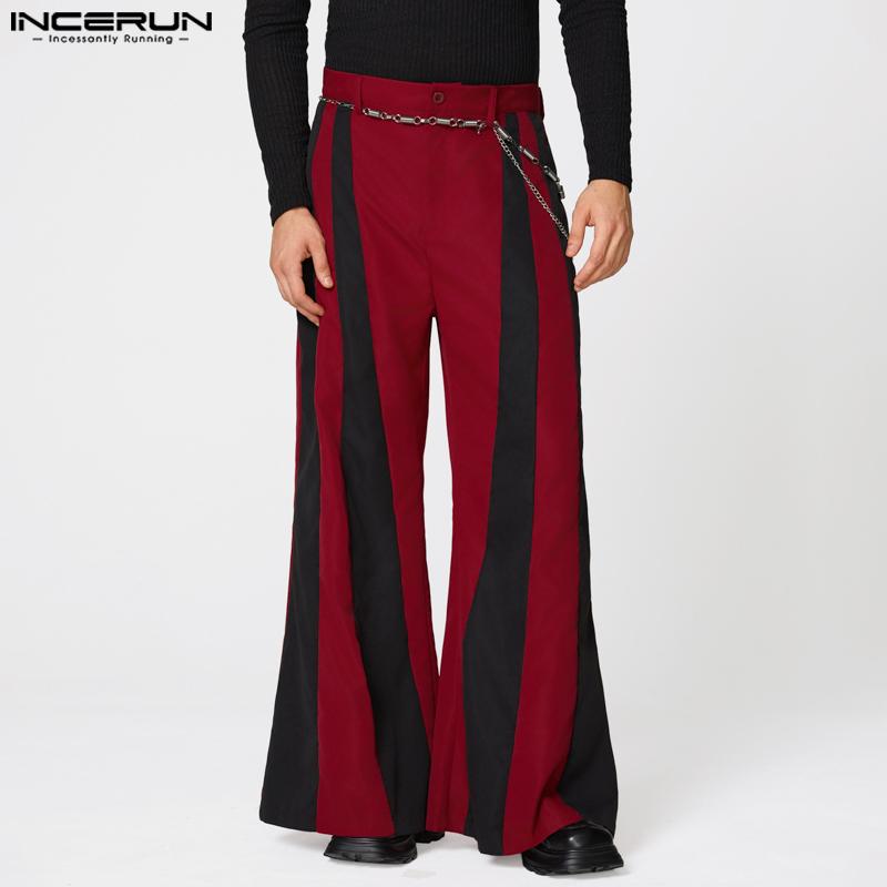 INCERUN Men's High Zipper Waist Striped Patchwork Casual Long Flare Pants Trousers