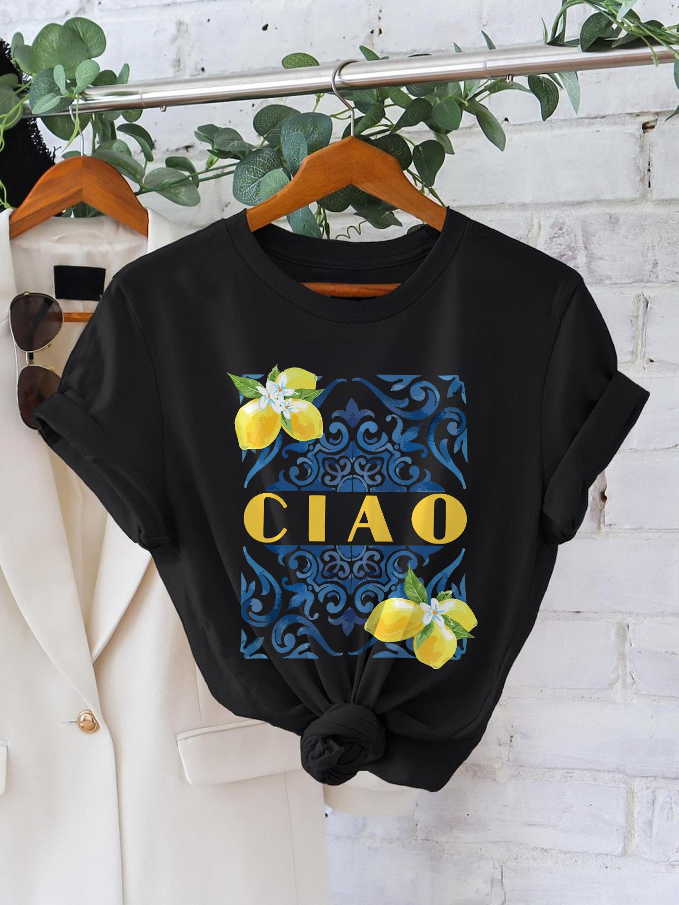 

Women S Casual T-Shirt Round Neck Short Sleeve Regular Length with CIAO Lettering and Lemon Print for All Seasons L