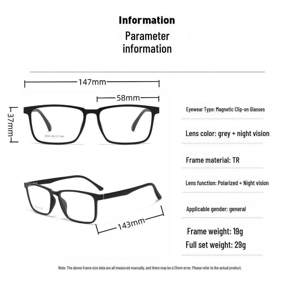 2204TR90 Large Frame Magnetic Clip-On Polarized Sunglasses with Night Vision for Men and Women