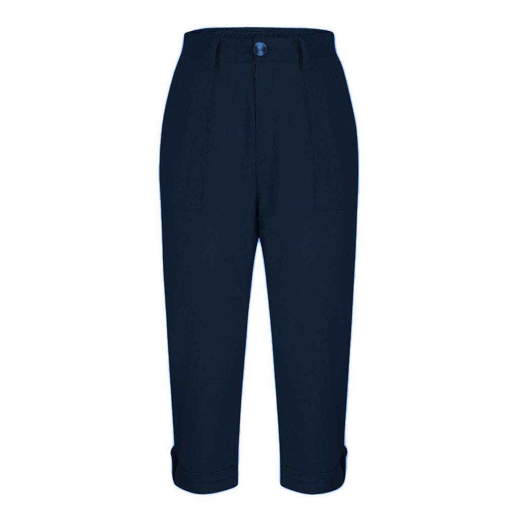 Women Casual Capri Pants High Waisted Rolled Cuff Ankle Pants Solid Color Pocket Detail Loose Fit Trousers