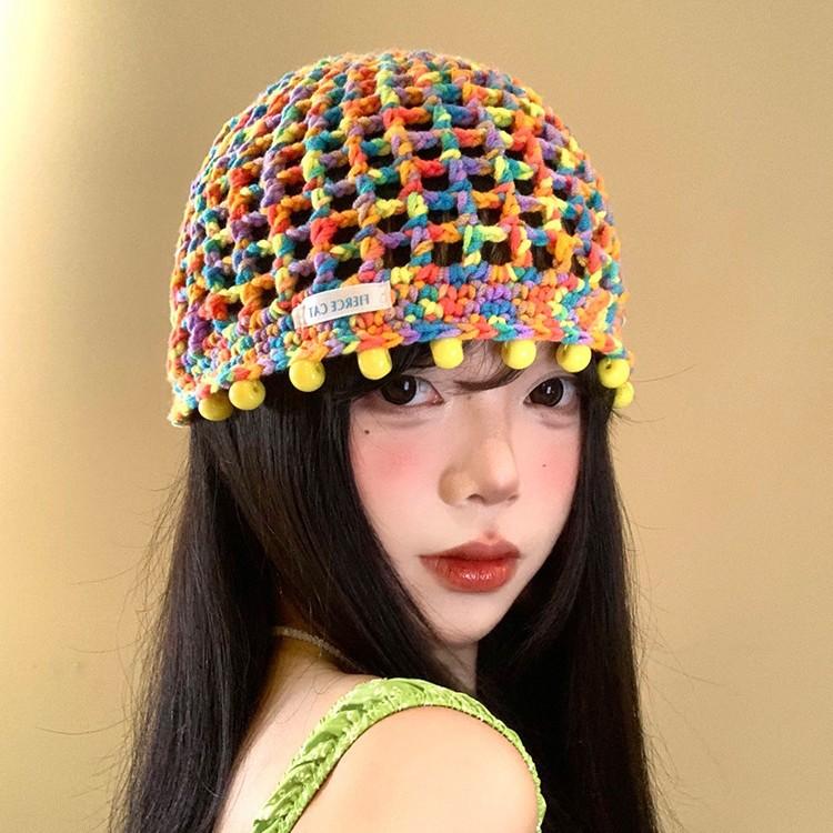 Color Dopamine Beaded Hollow Knitted Hat Female Summer Autumn Hyunya Wind Breathable Face Small Bag Head Hat