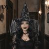 Fashionable Theme Event Hat Halloween Star Witch Hat, Mesh Veil Rose Feather Cone Adult Party Hats for Women, Gothic Costume Headwear, Cosplay