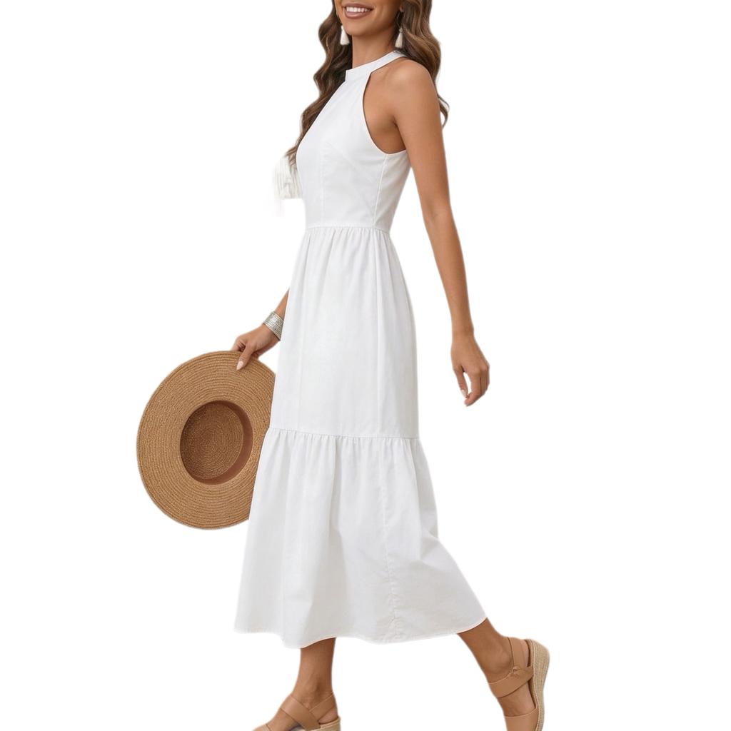 Summer neck sleeveless white cotton and linen dress for women with waist and thin pendulum A word medium and long holiday sand
