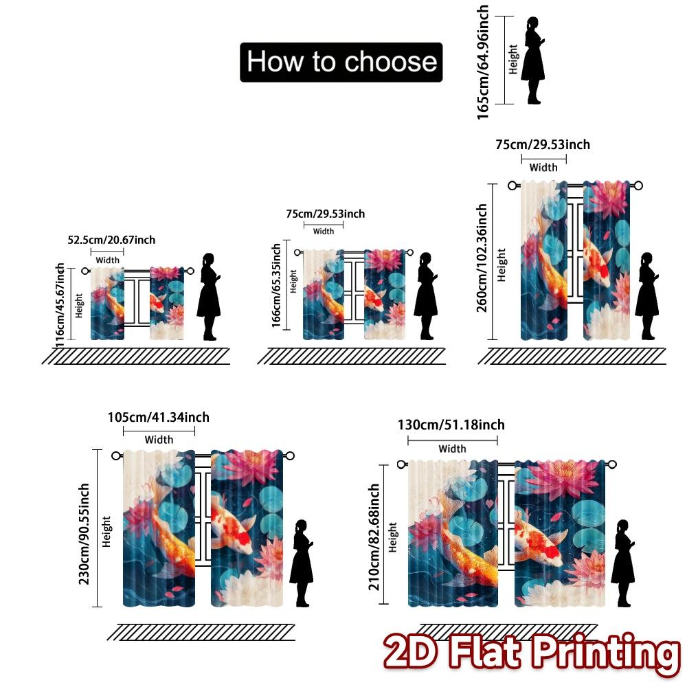 2pcs, 2D FLAT PRINTING Curtains (Without Rod) Koi Harmony Popular Curtain Fabric Versatile Fabric Curtains Room Decor Use for