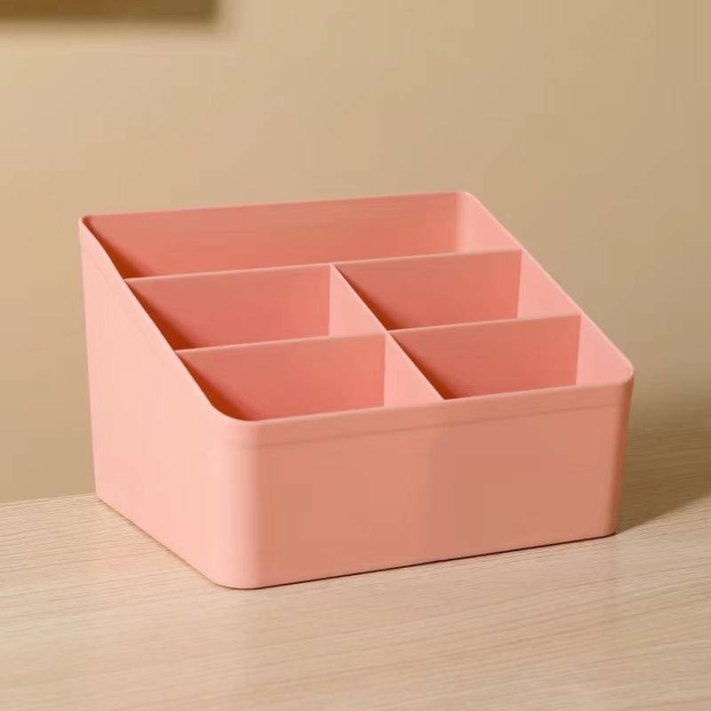 

Простая коробка для хранения с четырьмя отделениями, креативная шкатулка для косметики и украшений, настольный офисный ящик для хранения Five grids розовый