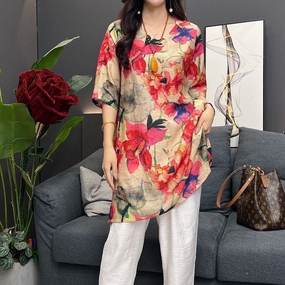 

Mom Printed V-neck Mid-length T-shirt Summer Temperament Loose and Fashionable Slim and Age-reducing Top for Women 5XL помаранчевий