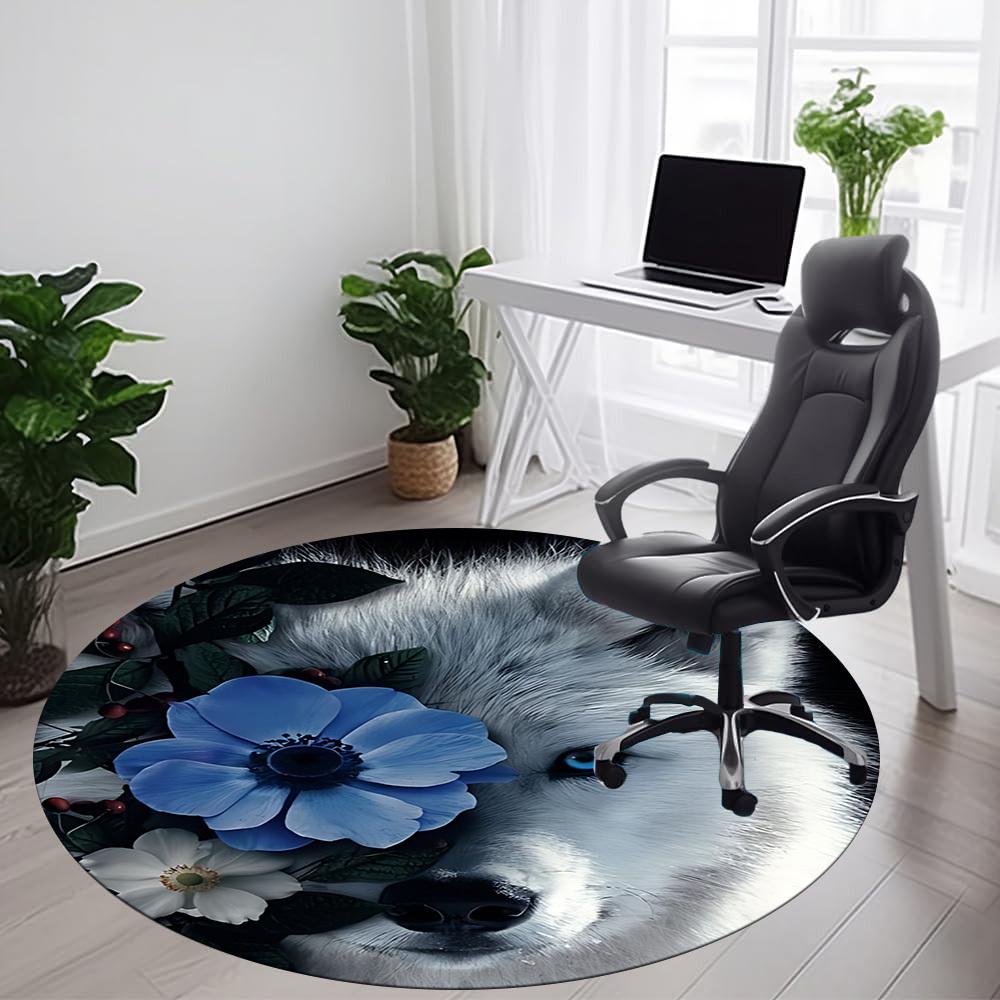 1pc Wolf Flowers Office Round Area Rug, Indoor Mat Suitable ForOffice, Under Office Chairs Bedroom Living Room Home Decor, Room Deco T183