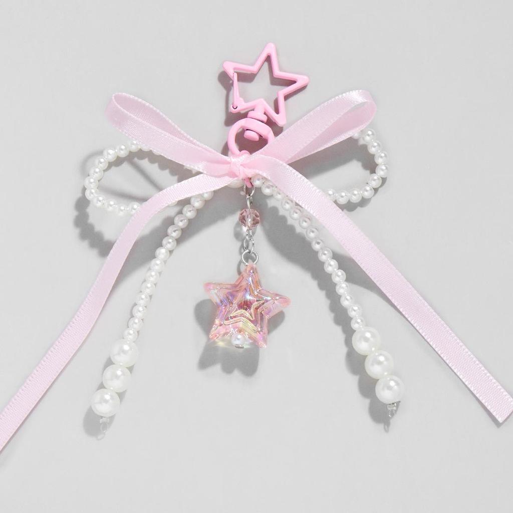 Charming White Pearl Beaded Lace Bow Keychain Bag Charm
