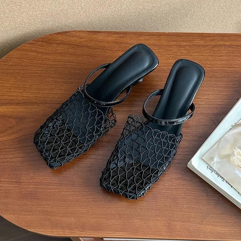 Fishnet Woven Cutout Sandals Women's Summer New Square Toe Shallow Mouth Alien Heel Half Slippers