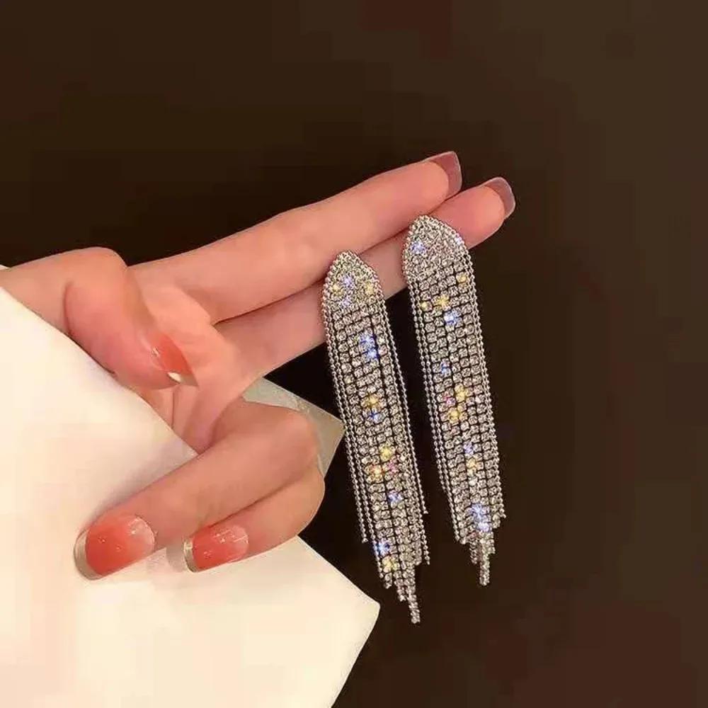 Exquisite Luxury Shiny Crystal Dangle Earrings for Women Long Tassel Full Rhinestone Statement Earring Korean Fashion Jewelry