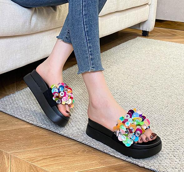 Fashion Thicken Soled Crystal&Paillette Platform Sandals Woman Flats Slip On Slippers Slip On Ladies Flipflops Open Toe Slides Pantuflas