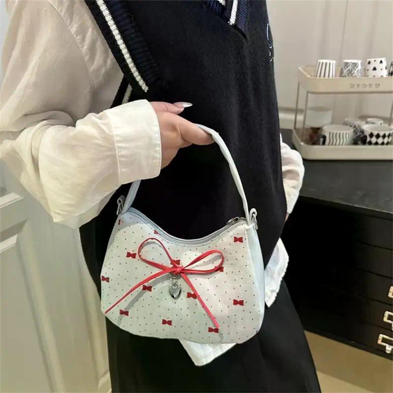 Bowknot Print Shoulder Bag With Plush Pendant For Women Crossbody Handbag Girly Tote Commuter Bag Underarm Bag