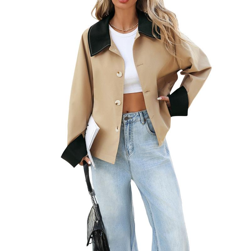 Female Cropped Trench Coat Single Breasted Jacket Fall Windbreaker Fashion Outerwear