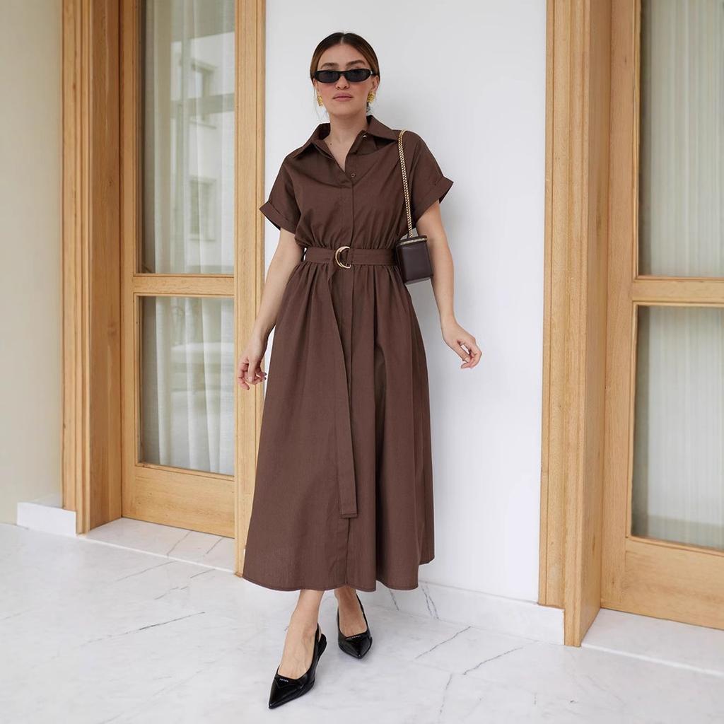Pure cotton short-sleeved dress European and American summer new single-breasted medium and long dress shirt dress women