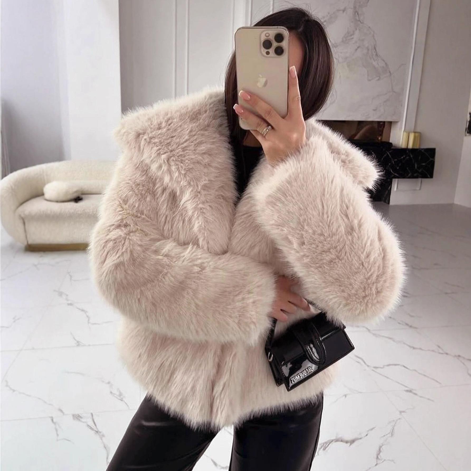Women s Autumn and Winter New Imitation Fur Jacket Top Women s Wool Short Plush Jacket L абрикосовый