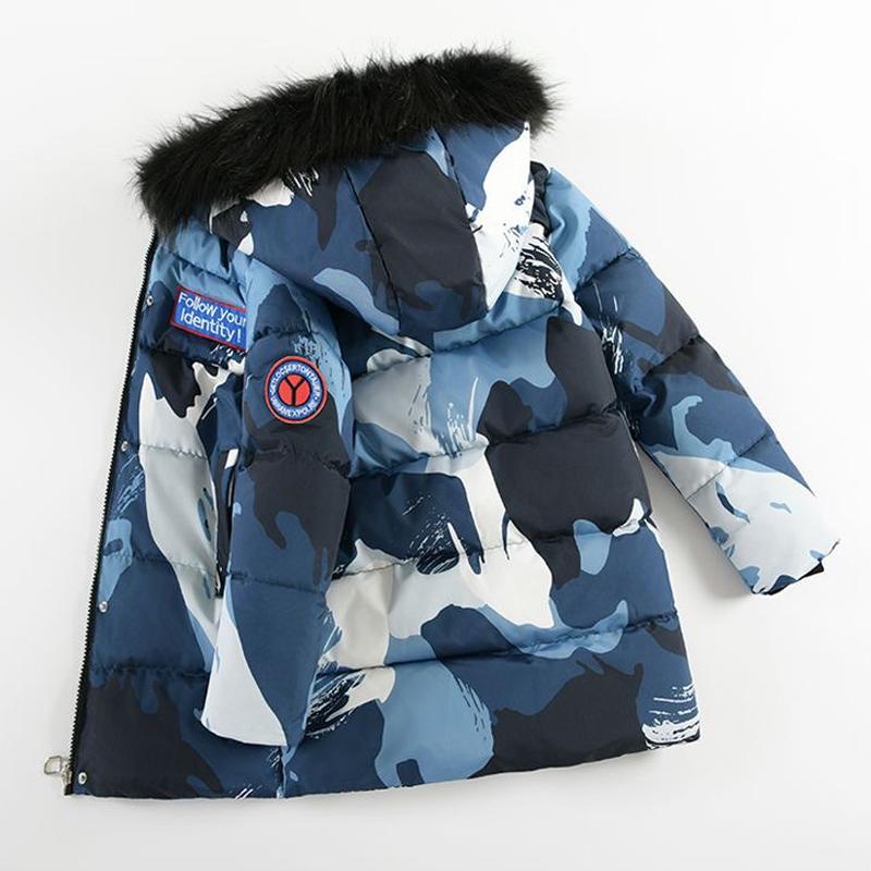 -30℃ Winter New Boys Jacket Long Camouflage Print Thick Warm Fur Collar Hooded Zipper Parker for 5-12Y Teen Boy Cotton Snowsuit