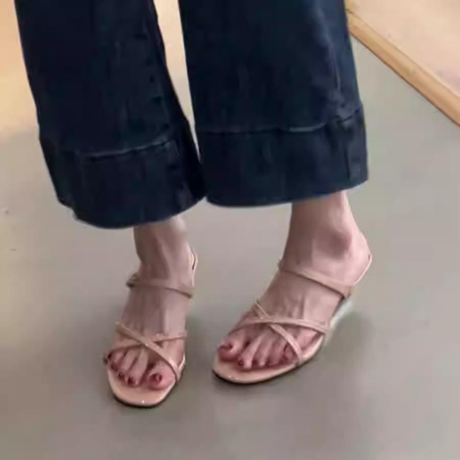 Sandale cu toc pantă blândă francez, cu papuci cool pentru exterior, cu degete deschise, temperament, cu toc înalt, femei