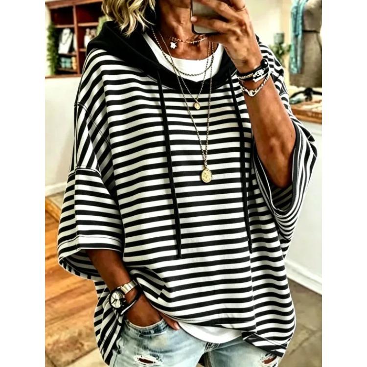 Women Striped Hooded Short Sleeve Oversized T Shirt Casual Loose Color Block Tee