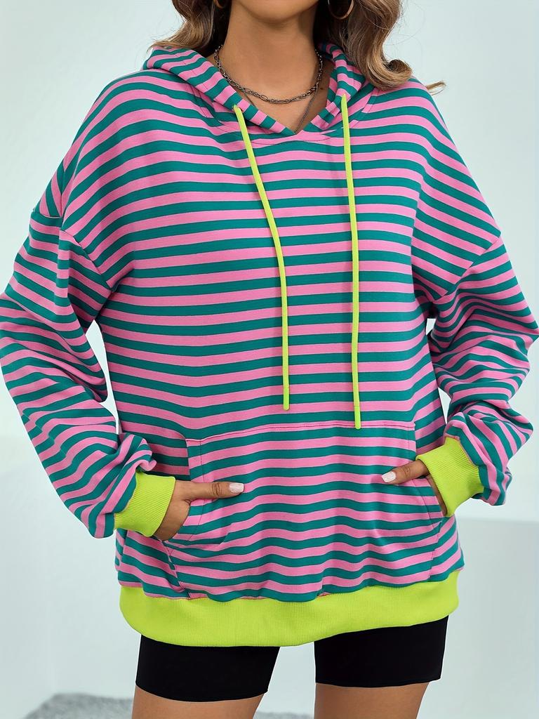 European and American women's clothing autumn and winter new striped hooded contrasting color loose long-sleeved sweater