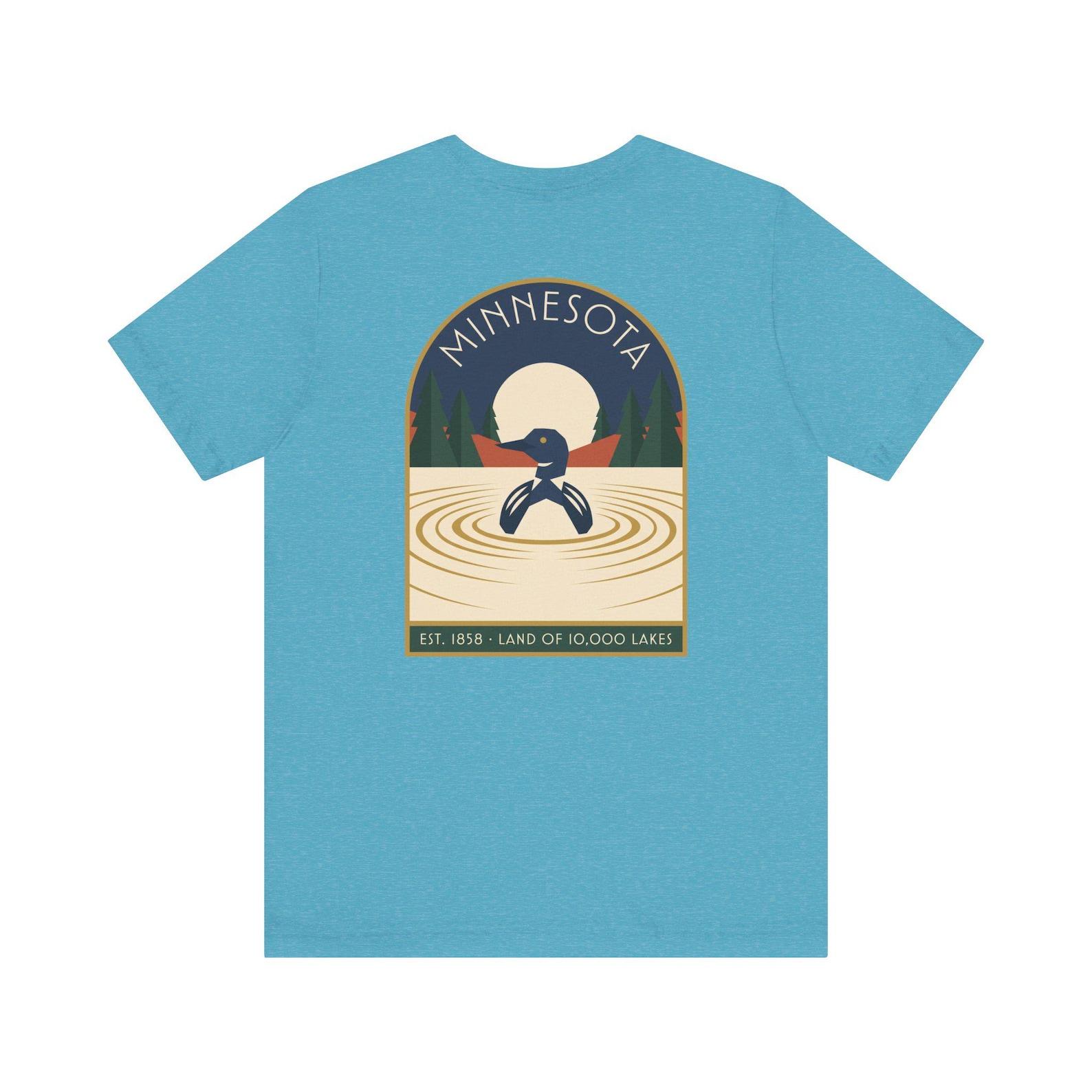 Minnesota Loon Lake Art Deco T-Shirt | Retro North Star State Graphic Tee | Minnesota Nature Gift S