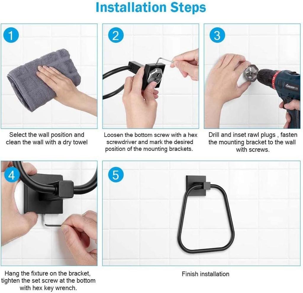 Stylish Wall Mounted Towel Ring - Stainless Steel Hand Towel Holder for Bathroom & Lavatory - Sleek Matte Black Finish