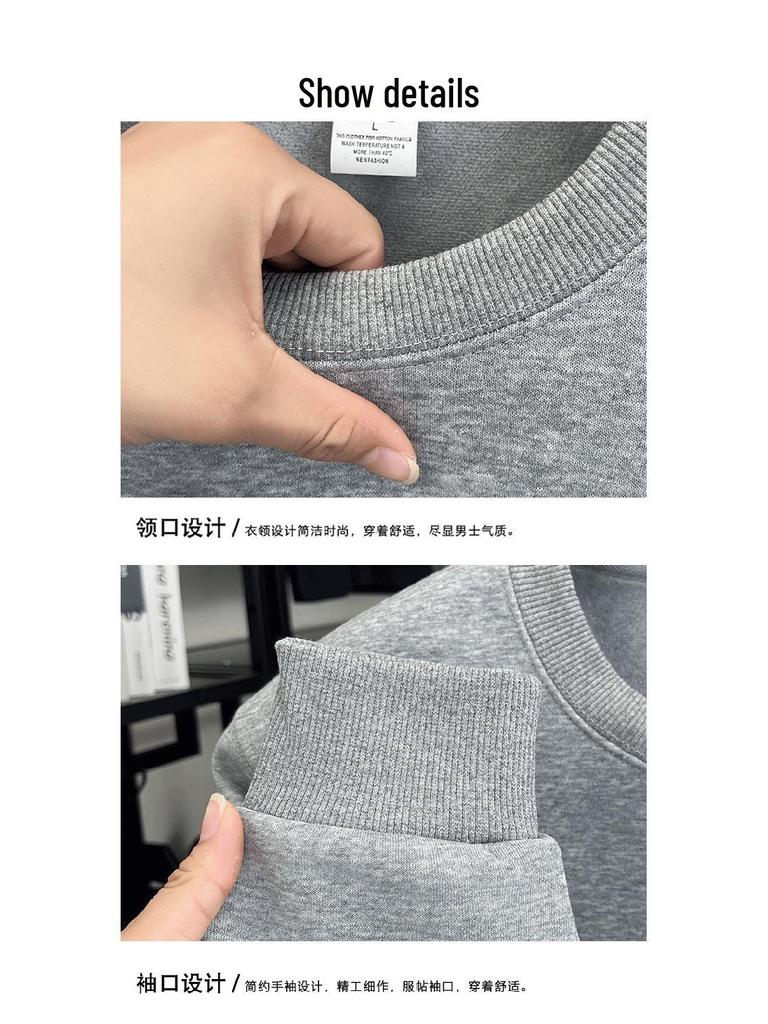Schwergewichtiger 550g Herren-Hoodie mit Stickerei und Fleece-Futter, Rundhalsausschnitt, Langarm, Warme und lässige Basisschicht