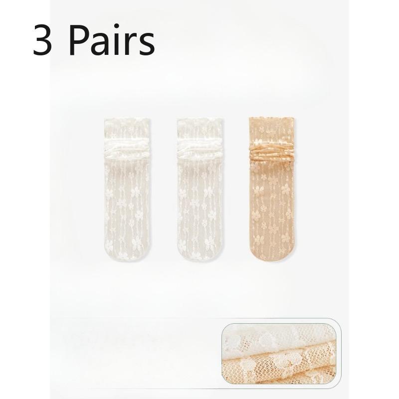 3 Pairs of Women's Summer Thin Lace Flowers In The Tube Pile Socks