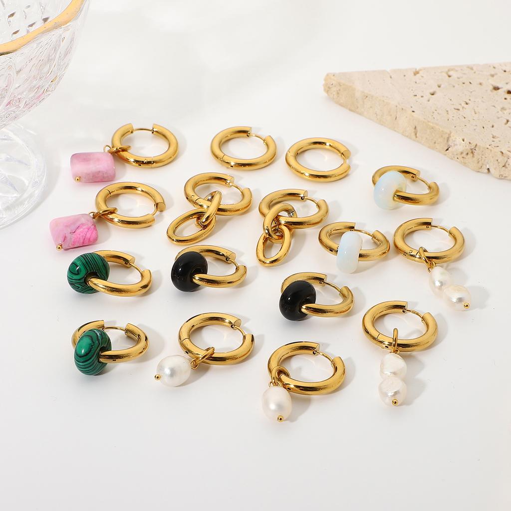 Drop shipping 1 pcs gold plated tarnish free stainless steel hoop earring jewelry green malachite natural stone huggie earrings