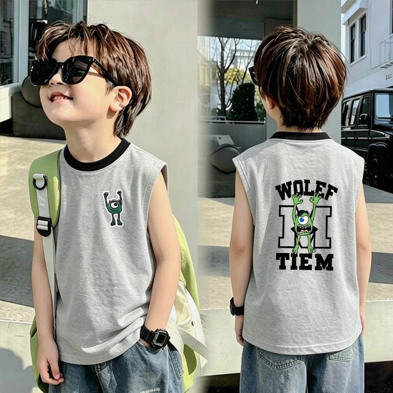 Boys' Contrast Color Cotton Vest T-shirt - Summer 2026 New Arrival, Medium/Large Sizes, Patchwork Sleeveless Top