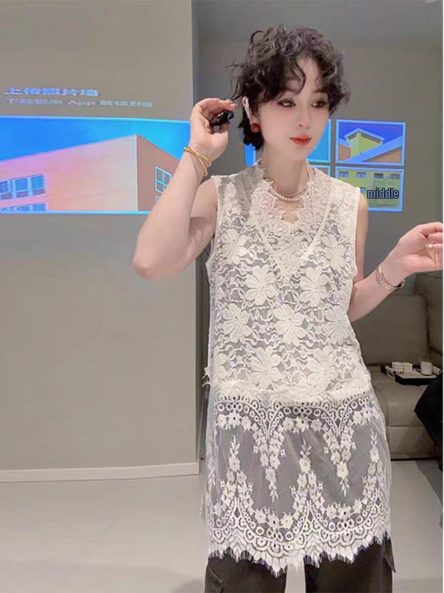 

2025 Летний кружевной топ без рукавов с V-образным вырезом для женщин Medium белый