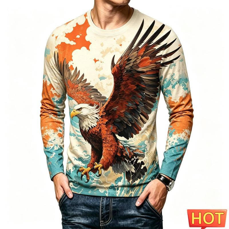 Funny 3D Eagle Print Men's T Shirts Autumn Trend Long Sleeve T-shirt Casual O-neck Loose Tops Fashion Animal Pattern y2k Clothes
