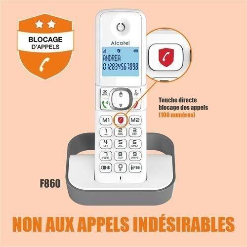 Téléphone sans fil alcatel pack duo f 860 duo avec fonction blocage des appels publicitaires blanc gris