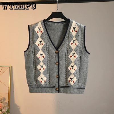 Damen Strickweste Rautengitter V-Ausschnitt Strickjacke Bestickte Weste Frühling und Herbst Lockere Weste Damen