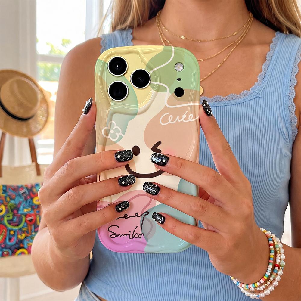 Keep Smiled Wink Heart Pastel Color Block Wavy Edge Phone Case For iPhone 17 16 15 14 13 12 11 8 7 Plus Pro Max Cute Cover