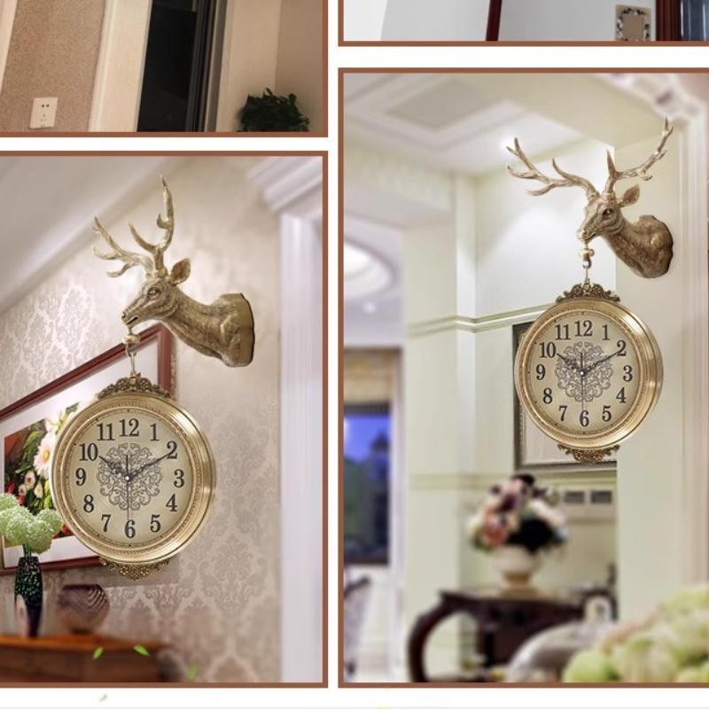 Retro Deer Head Double-Sided Hanging Clock Metal Dial And Mirrored Glass Clock Artistic Decoration In Guest Rooms Clock Watch