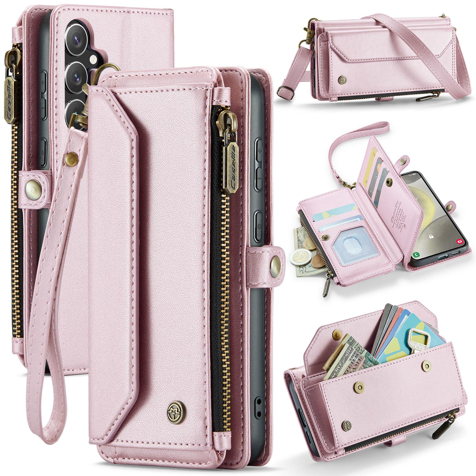 

For Samsung Galaxy S25 Leather Case CASEME C36 Zipper Multiple Card Slots Phone Cover with Straps Pink