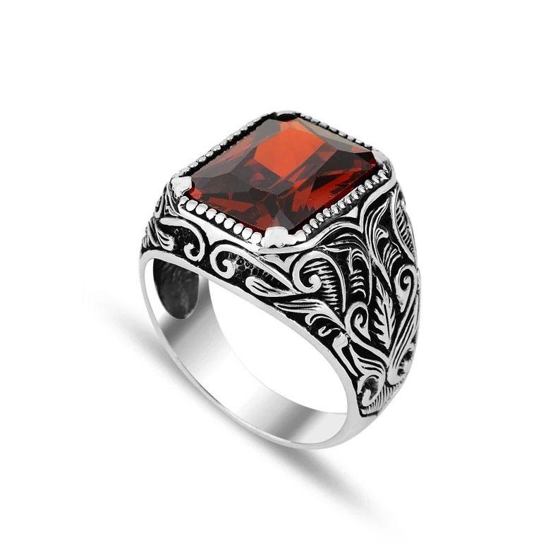 

Men s Vintage Square Inlaid Red Zirconia Ring Retro Style Engraved Band Fashion Jewelry for Daily Wear 10 чёрный