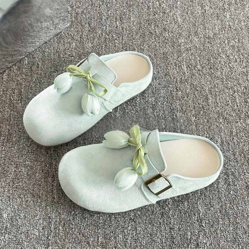 

Модная женская летняя новая обувь с круглым носком, глубоким вырезом, бантом-цветком, нескользящей износостойкой плоской подошвой, платформой, полушлепанцы Baotou, zapatos mujer 40 светло-зеленый