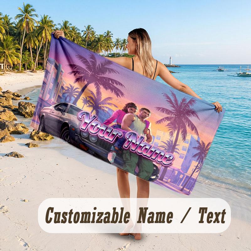 Personalized Beach Towel,GTA Custom Printed Name Text, Super Absorbent Towel For Beach Vacation