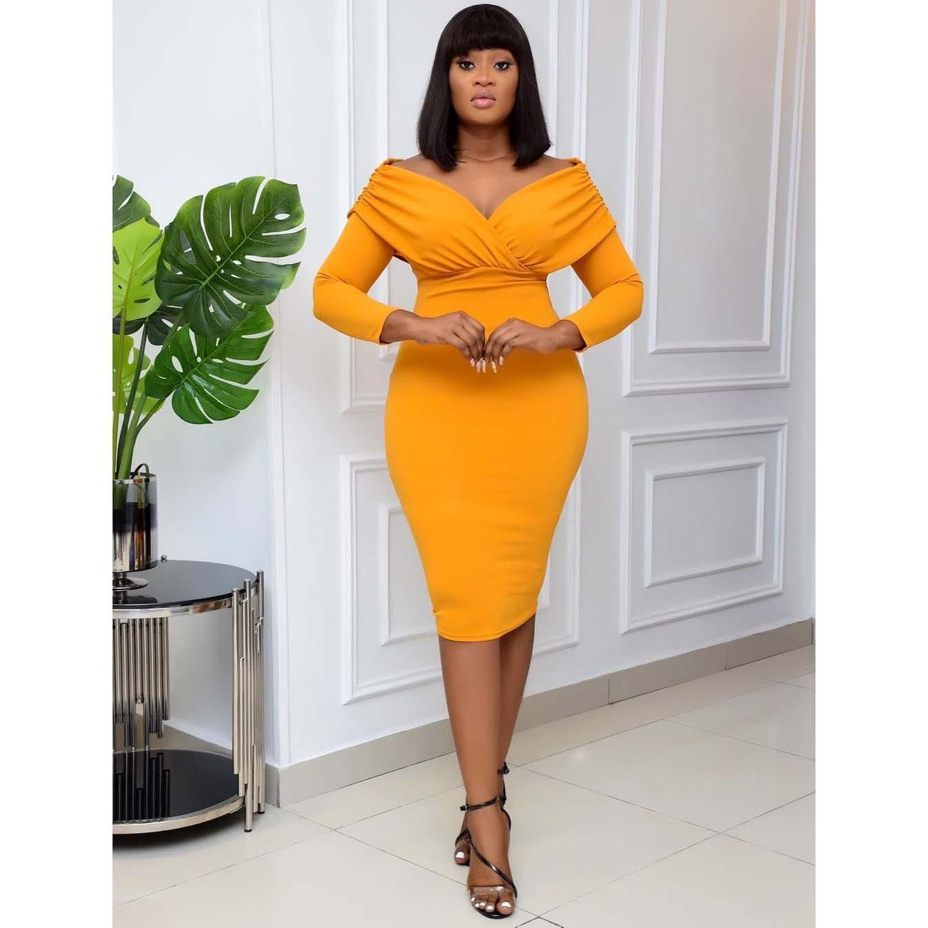 

Большой размер, женское весенне-осеннее модное сексуальное платье с v-образным вырезом, женское цельное однотонное плиссированное платье с длинными рукавами S жёлтый