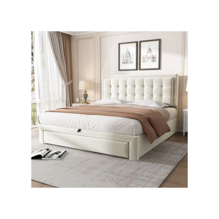 Lit 140x200 - MUVOE - Rembourré - Velours Beige - 2 Tiroirs - Sommier à Lattes