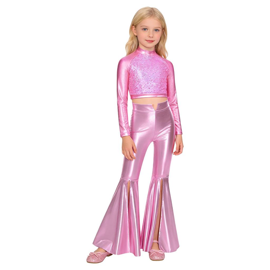 Girls Long Sleeve Sequin Metallic Crop Top Split Bell Bottom Shiny Pants Dance Performance Outfit