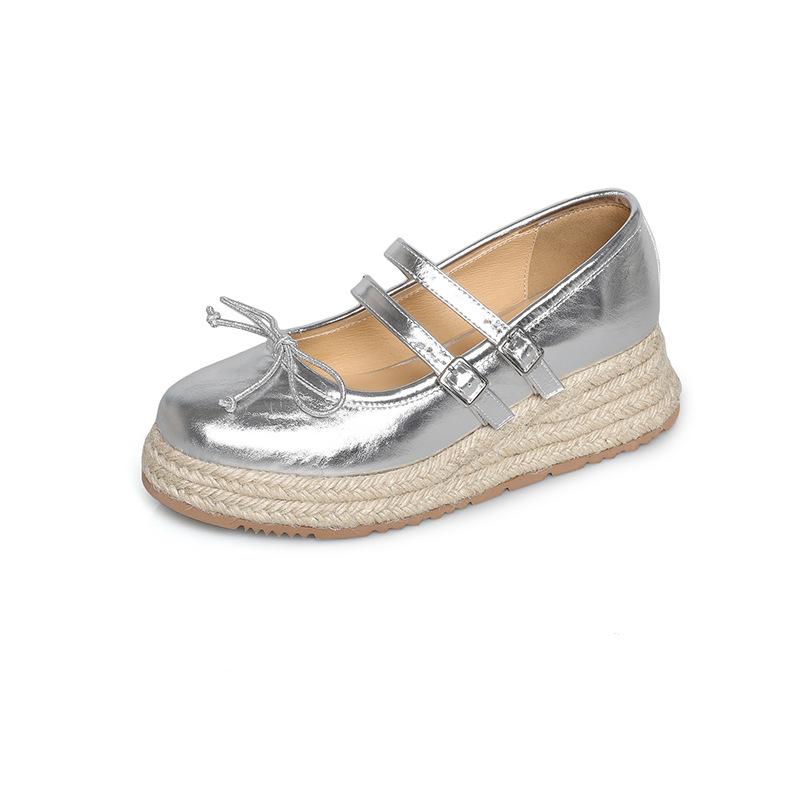 Hemp Woven Sole Belt Buckle Single Shoes Women's Genuine Leather 2025 New Thick Sole One-word Belt Shoes Small Height Increase Fisherman Shoes