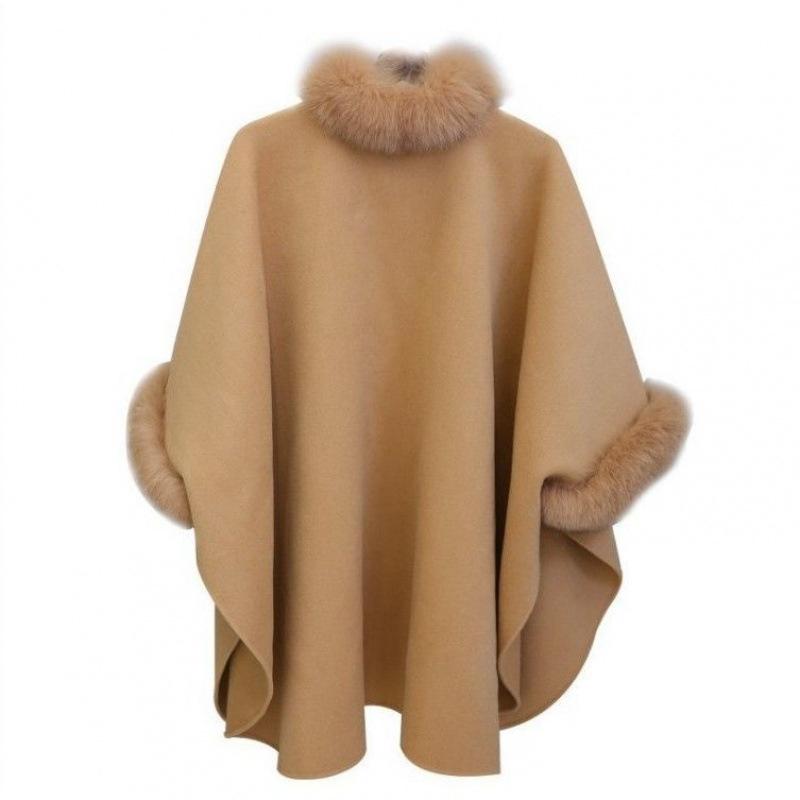 Coat Female Tide In The Fall and Winter Large Rabbit Hair Collar In The Long Tweed Coat Temperament Cape Shawl Hepburn Wind Tweed Large Size