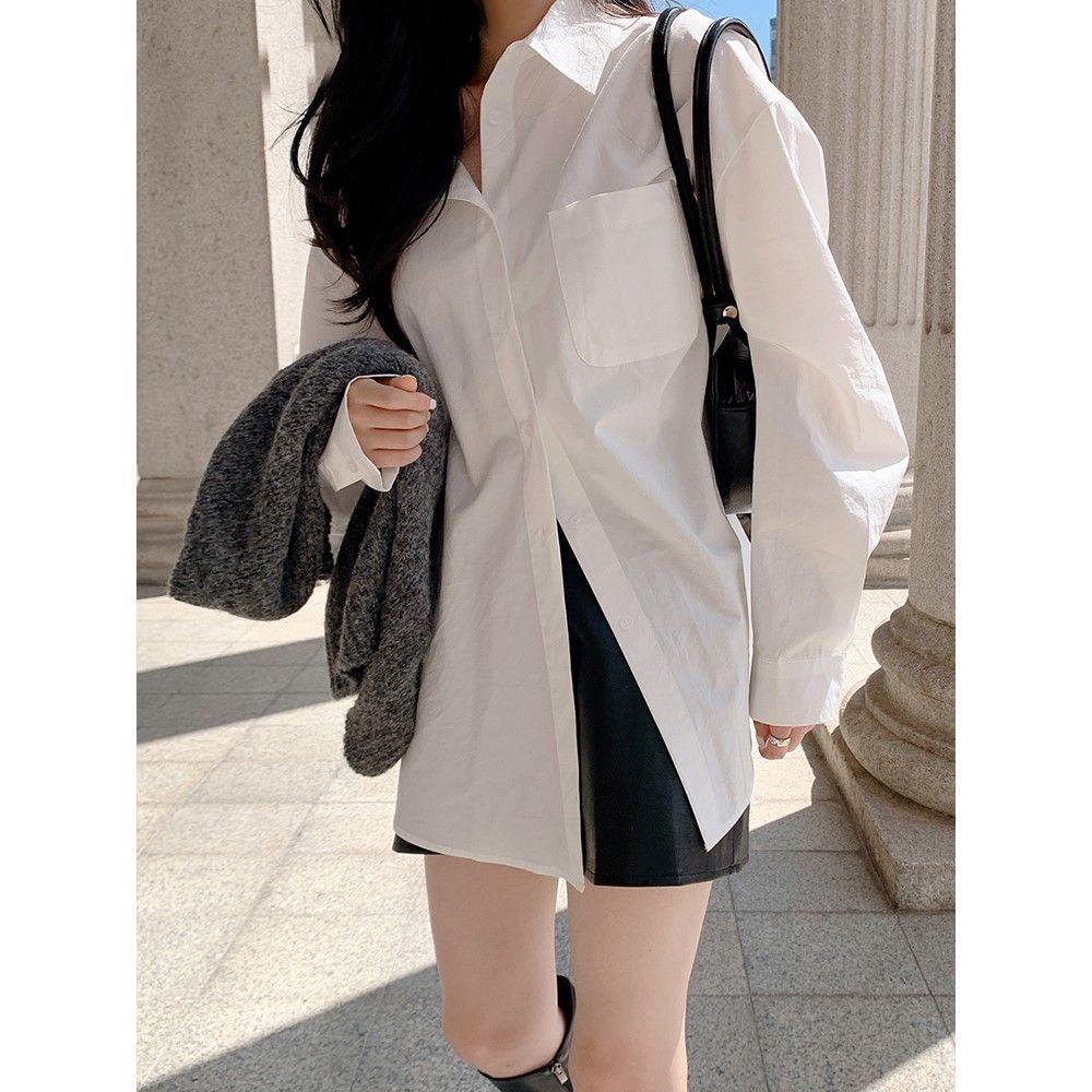 Women s White Cotton Long-Sleeve Retro Hong Kong Style Loose Shirt M