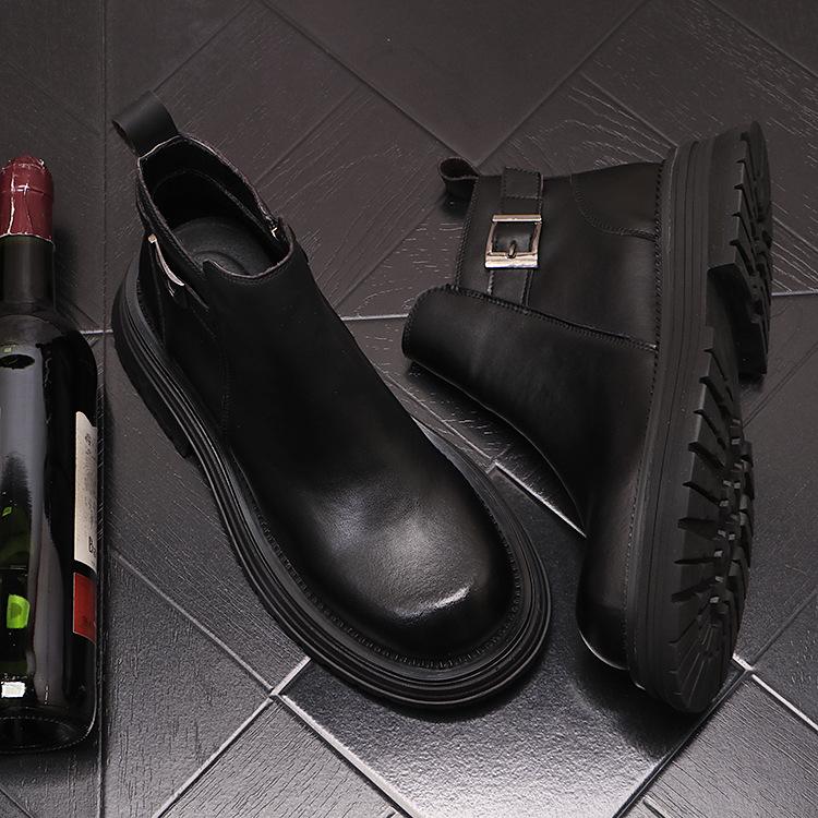 Pánské kožené Chelsea boty bez tkaniček - Kotníkové, Britský styl, s vnitřním zvýšením výšky a teplem Martinových bot.