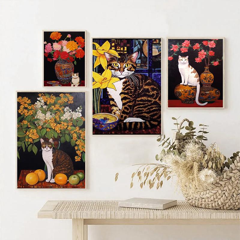 Vintage Bouquet Flower Lotus Lilies With A Cat Art Nouveau Klimt Style Art Print Poster Canvas Painting Wall Picture Room Decor