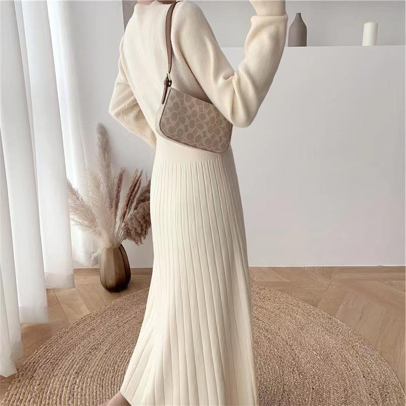 Wave V-neck Breasted Knitted Dress Women's Autumn and Winter New Medium and Long Waist and Thin Bottom Sweater Skirt